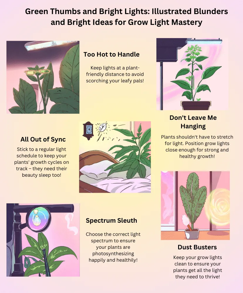 This image is a colorful and educational infographic titled "Green Thumbs and Bright Lights: Illustrated Blunders and Bright Ideas for Grow Light Mastery." It features four sections, each with an illustration and tips for proper grow light usage. The sections include "Too Hot to Handle," advising to keep lights at a safe distance; "Don't Leave Me Hanging," on proper light positioning; "All Out of Sync," about maintaining a regular light schedule; and "Spectrum Sleuth," on selecting the right light spectrum. The final panel, "Dust Busters," reminds to keep lights clean. Each panel is accompanied by playful images of plants interacting with grow lights, emphasizing the do's and don'ts of indoor gardening.