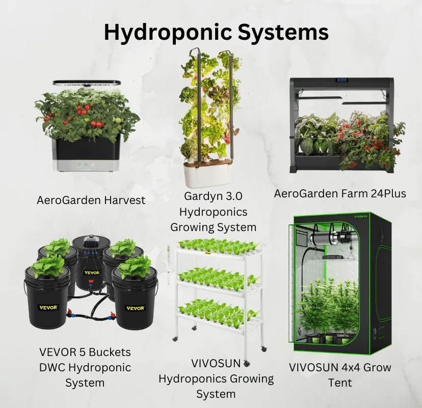 Assortment of hydroponic garden systems showcasing value for investment, including AeroGarden models and VIVOSUN setups, demonstrating diverse hydroponic solutions for efficient indoor gardening and their cost-effectiveness
