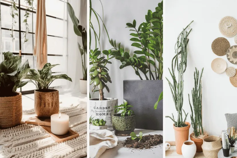 A serene display of indoor gardening, maximizing space with an array of potted plants in a home setting. Includes lush greenery in woven baskets, potted plants on a cozy windowsill, and a collection of succulents against a backdrop of decorative wall hangings, illustrating stylish and space-efficient plant arrangements.