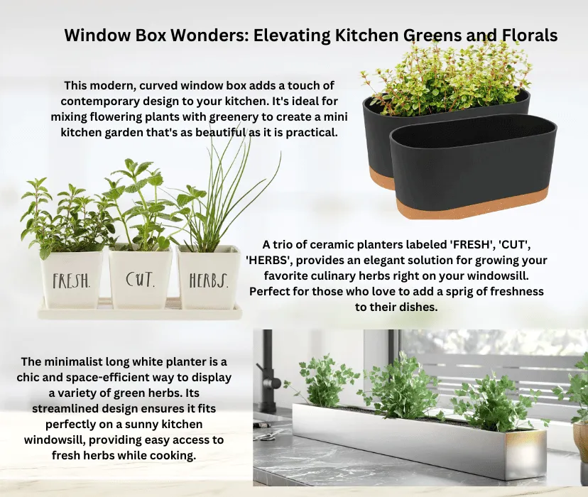 Window Box Wonders: Elevating Kitchen Greens and Florals' image, featuring innovative indoor gardening solutions with a modern, curved window box, a trio of ceramic planters, and a minimalist long white planter for efficiently maximizing kitchen space with lush plant life.
