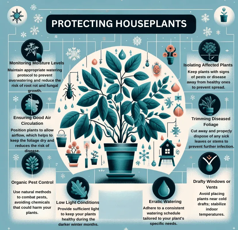 An informative infographic detailing key methods for protecting houseplants from winter pests and diseases, emphasizing proper moisture monitoring, air circulation, pest control, and plant care in various household condition