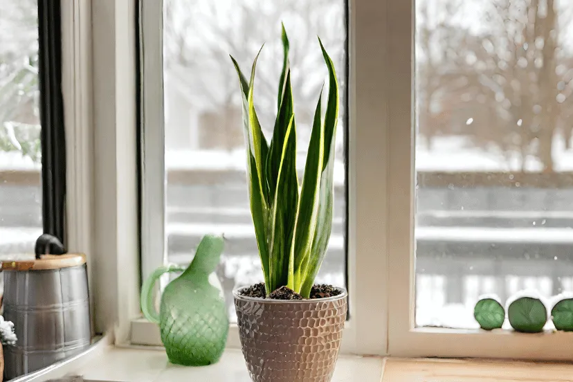 A snake plant in a textured pot sits on a sunny windowsill against a backdrop of a winter landscape, exemplifying indoor plant vitality post-repotting in the cold season.





