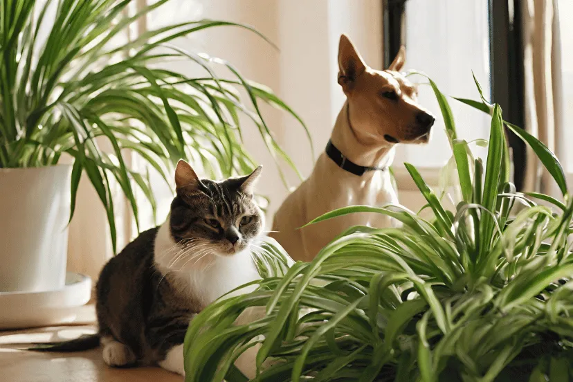 Cat and dog sitting peacefully beside lush Spider Plants in a sunny room, evoking a pet-friendly home environment with air-purifying houseplants.